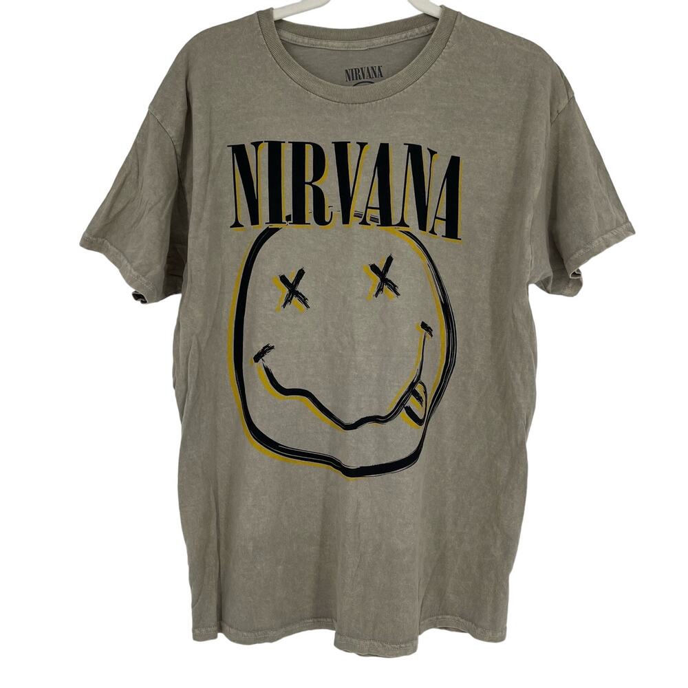 Officially Licensed Nirvana Nevermind Smiley Grunge Tee‎ Beige Acid Wash Large